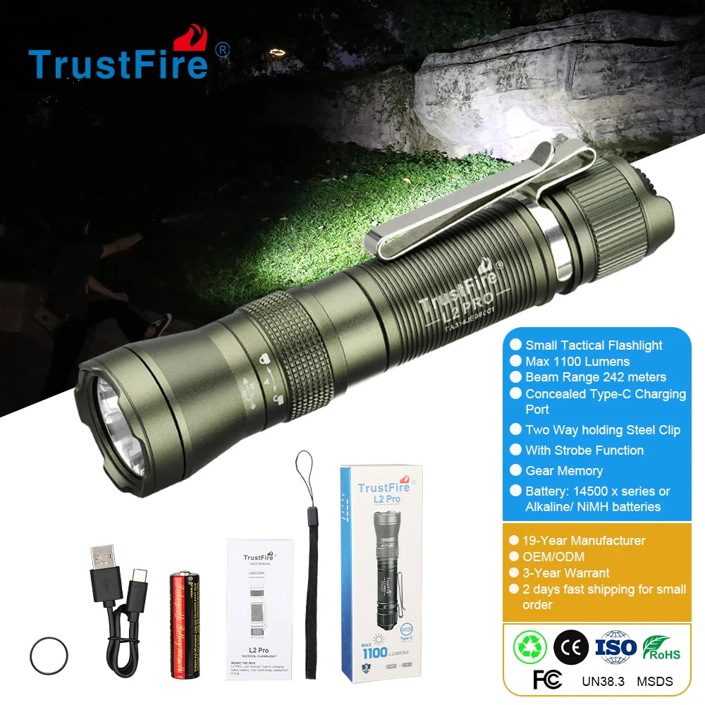 For L2Pro Super Bright 1100 LM Tactical EDC LED Flashlight USB Rechargeable Waterproof IP68 14500 Battery Pocket Clip