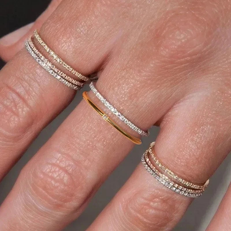 Wholesale Custom Minimalist Jewelry Half Cz Inlay 18k Gold Plated Stainless Steel 1mm Thin Eternity Cubic Ring For Women