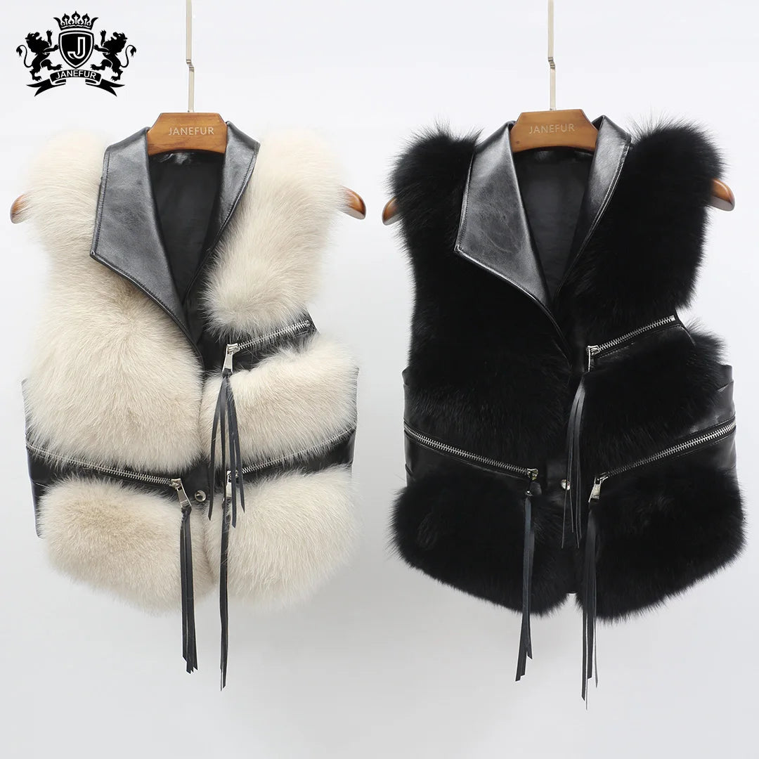 Women's Real Fur Vest Furry Short Fox Fur Gilet Waistcoat Genuine Leather Fashion Winter Fur Vest Jacket