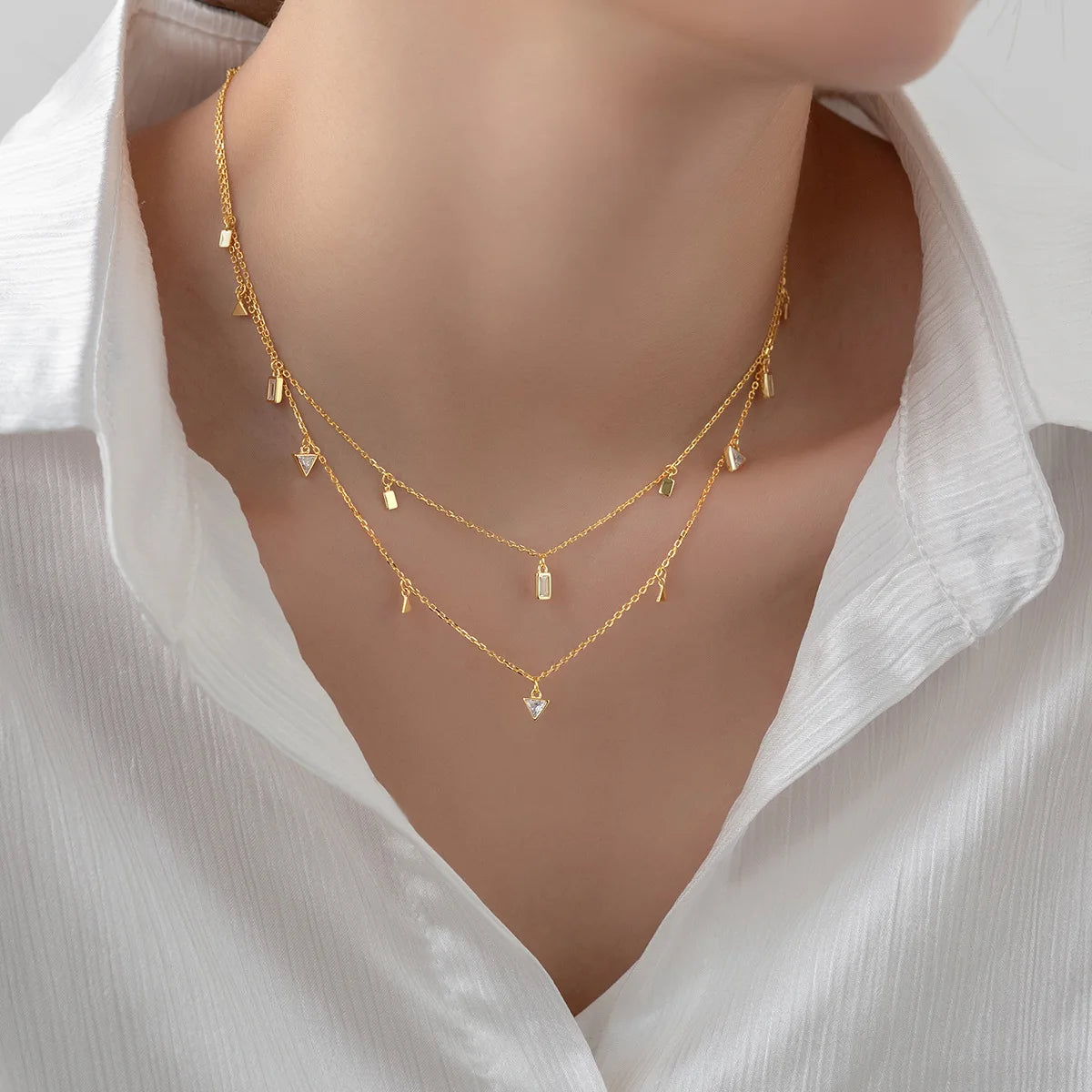 Fashion Jewelry 925 Sterling Silver Geometric Water Drop square Triangle Charm Diamond Gold Plated Necklaces for Women