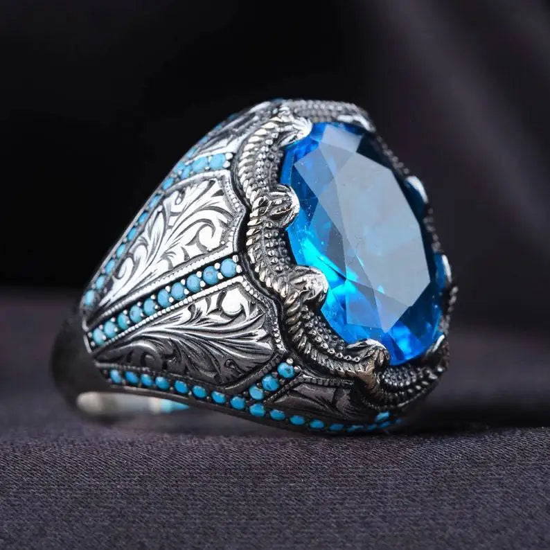 Hot Sales Vintage Design Blue Crystal Rings Punk Style Diamond Inlaid Turquoise Ring Jewelry