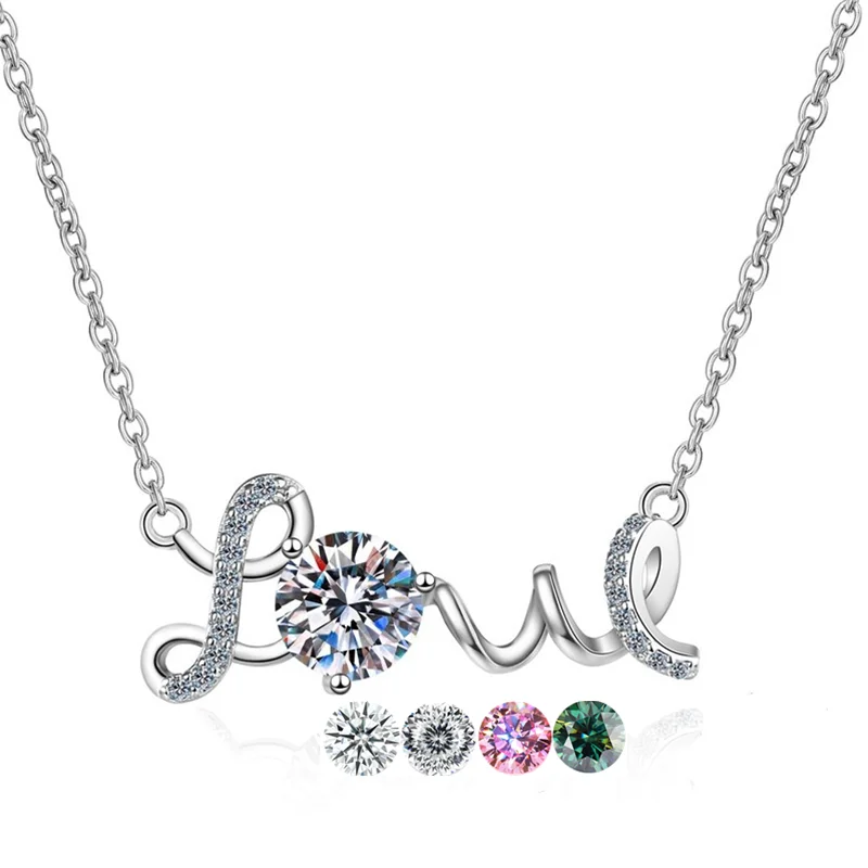 Wholesale Fine Jewelry for Girls 925 Sterling Silver Letter Love Pendant 1CT Round Cut Moissanite Diamond Necklace for Women