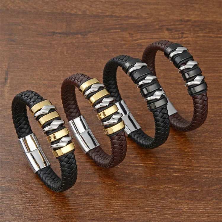Luxury Genuine Leather Bracelets With Magnetic Clasp Stainless Steel Leather Bracelet for Men