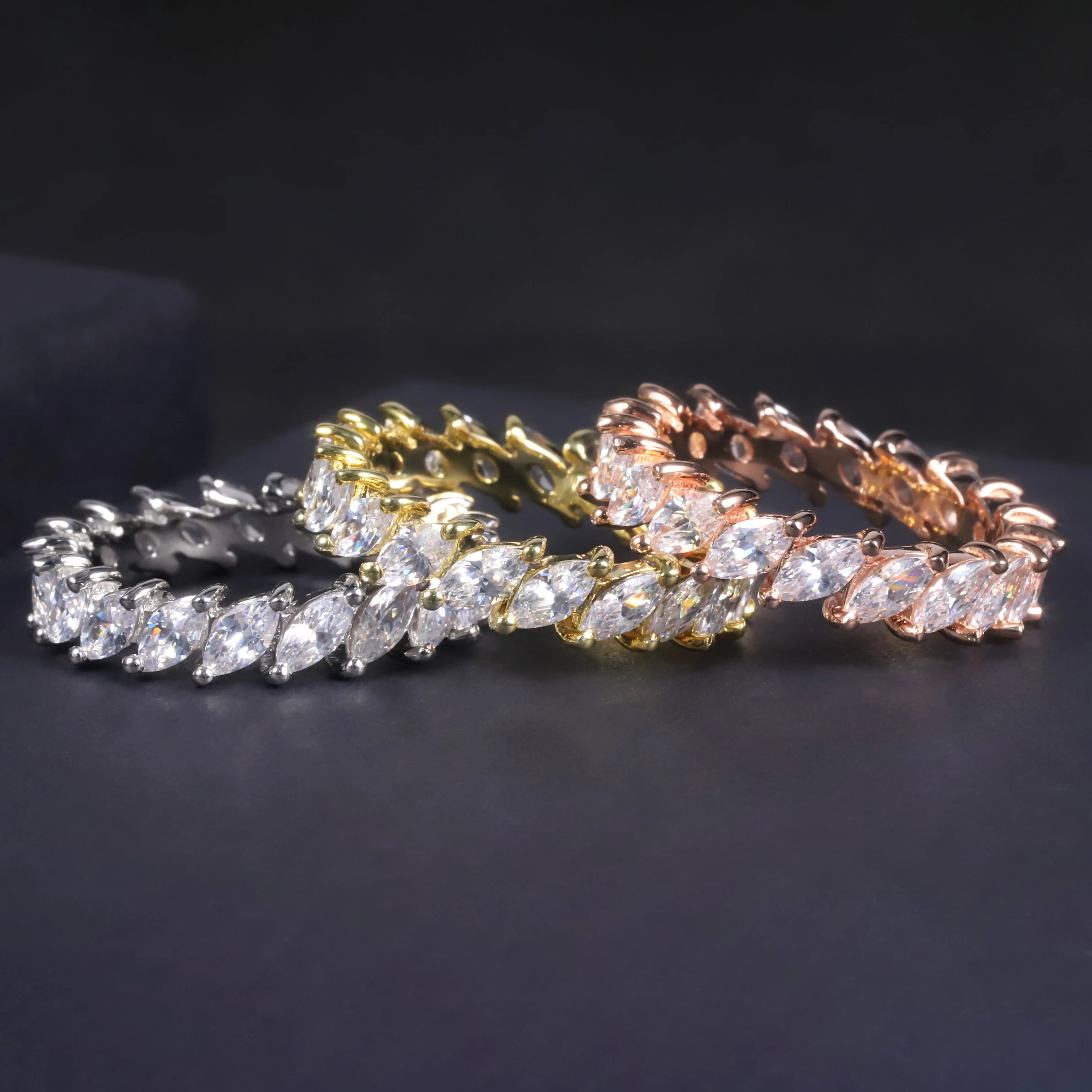 C7534 Wholesale Hip Hop 925 Sterling Silver Iced Out Full Marquise Cut D Color Moissanite Diamond Band Eternity Ring