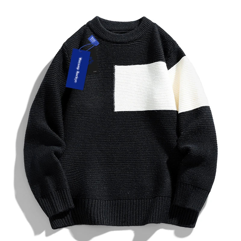 New Autumn and Winter Contrast Black and White Round Neck Sweater Simple and Relaxed Leisure Round Neck Pullover Sweater