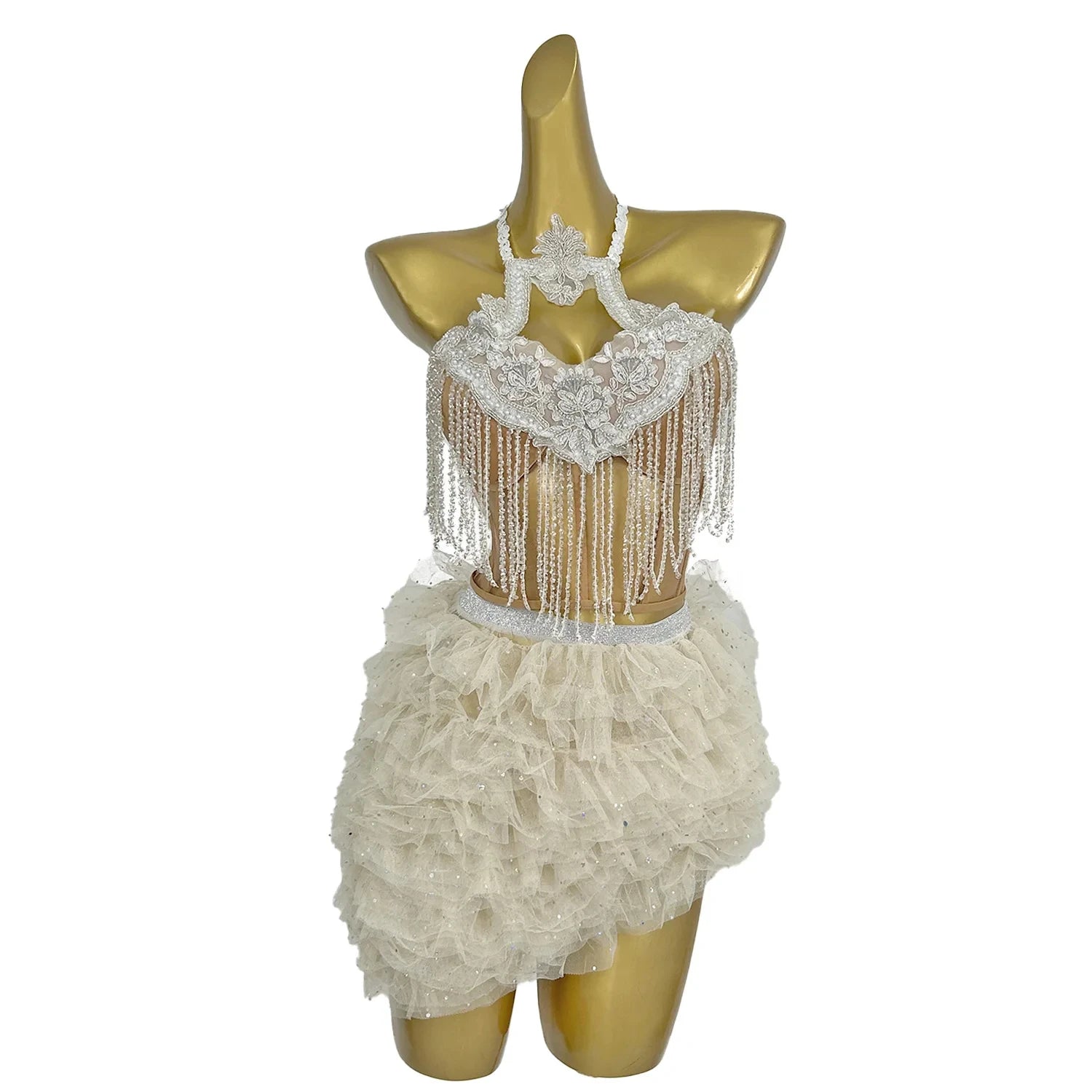 White Sequin Corset Mini Skirt 2 Piece Set Party Prom Rhinestone Dress Women Live House Singer Show Performance Dancer Costumes