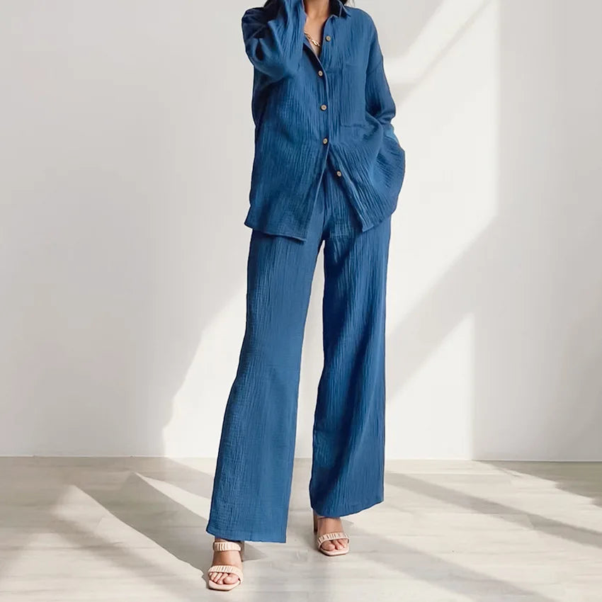 2023 Autumn Shirt Crepe Cotton Pajamas Set Can Be Worn Outside Trousers Loose Pajamas Two-piece Fashion Women's Home Wear