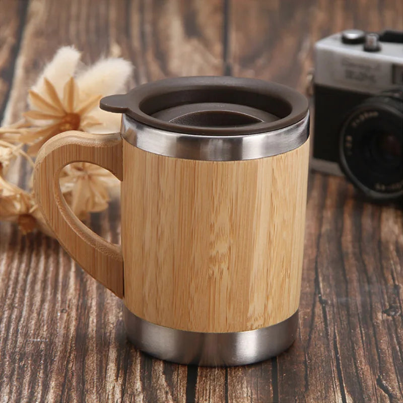 Bamboo Vacuum Cup Double Heat Insulation Mug Office Portable Stainless Steel Bamboo Coffee Cup With Lid and Handle
