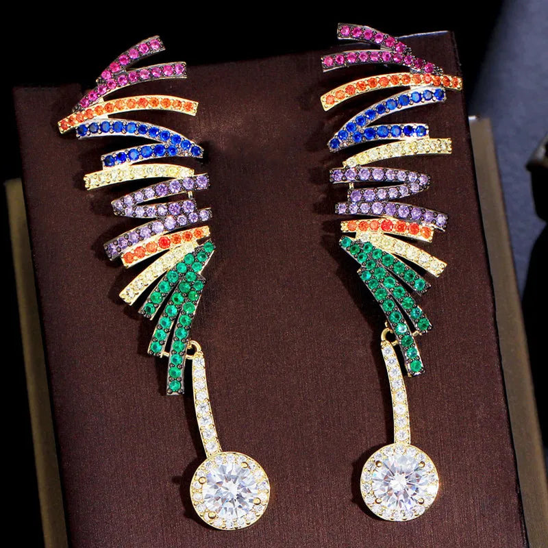 Statement Rainbow Cubic Zircon Pave Random Line Drawing Symmetrical Long Drop Earrings for Women Party Carnival Colorful Jewelry