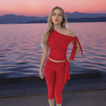 Summer One Shoulder Leggings Skinny Sleeveless Casual Solid Autumn Top and Short Pants 2 Piece Set Women