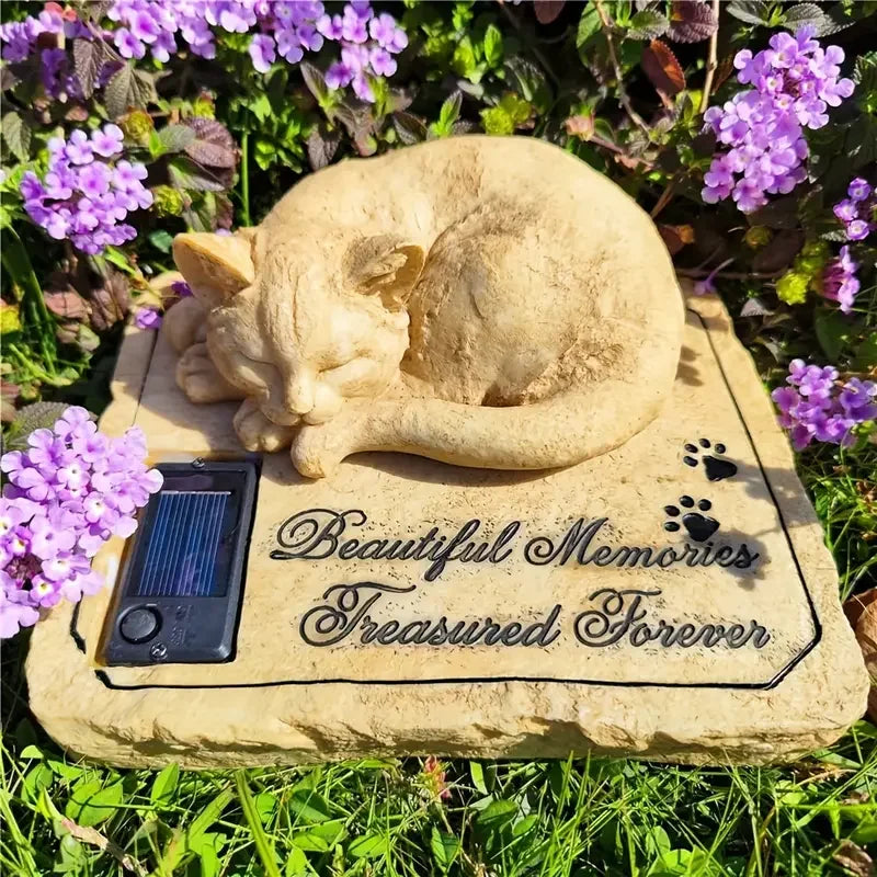 Solar-Powered Cat Pet Memorial Resin Plaque with "Beautiful Memories Treasured Forever" Text Garden Decor Accent
