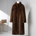 Autumn and Winter Women's Genuine Mink Brown Fur Trench Coat Long Loose Waterproof with Cotton Filling and Zipper Closure