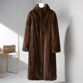 Autumn and Winter Women's Genuine Mink Brown Fur Trench Coat Long Loose Waterproof with Cotton Filling and Zipper Closure