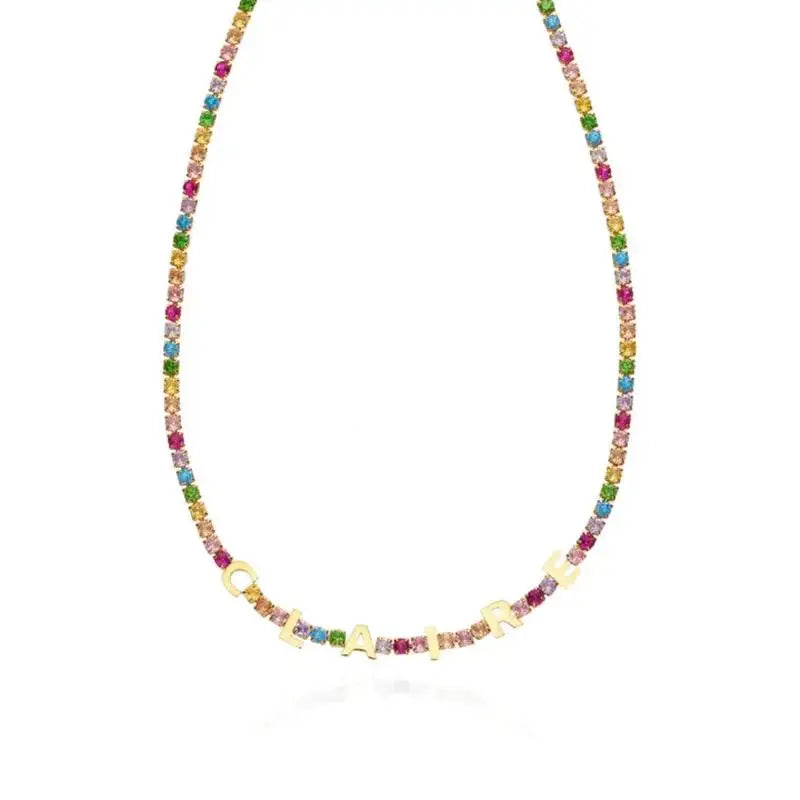 Qiuhan Drop Shipping A-Z 26 Capital Letter ICY Rainbow Zircon Tennis  Chain Custom Name Choker Necklace