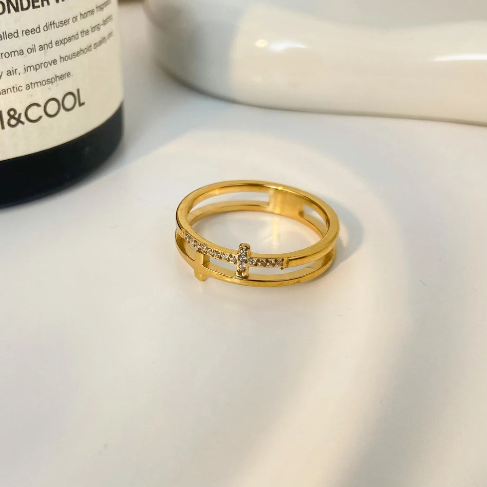 Stainless Steel Zircon Double Cross Ring Gold Women's Fashion Accessory Geometric Index Finger Jewelry