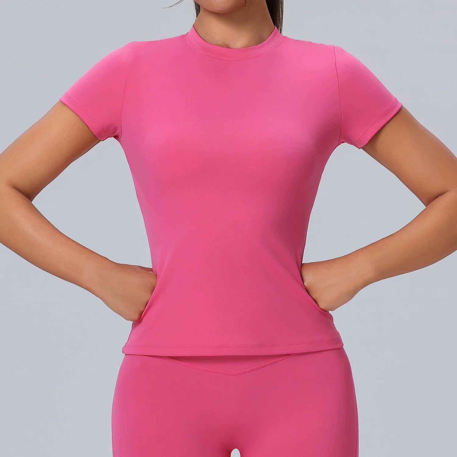 New Round Neck Fitness Suit Short Sleeved Women's High Elasticity Breathable Tight Fitting Sports T-shirt Prati Yoga Suit Top