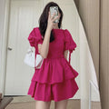 Wholesale 2023 Korean Chic Summer Westernized Age Reducing Round Neck Ruffle High Waist Thin Lace up Bubble Sleeve Dress
