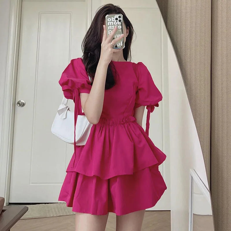 Wholesale 2023 Korean Chic Summer Westernized Age Reducing Round Neck Ruffle High Waist Thin Lace up Bubble Sleeve Dress