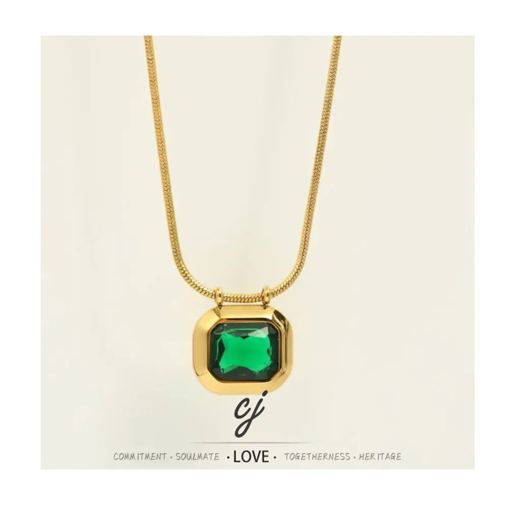 Carline Emarld Green Zircon Fashion Stainless Steel 18K Gold Plated Square Custom Pendant Necklace Jewelry Gifts for Women