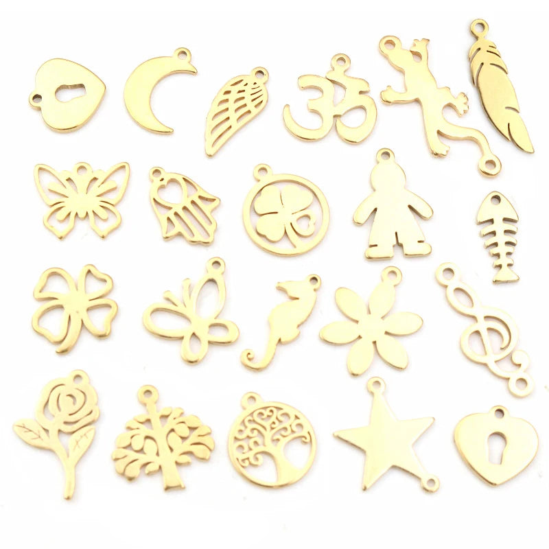 10pcs/lot No Fade 316 Stainless Steel Gold Plated Tree Moon Butterfly Small Charms Pendant for Necklace DIY Jewelry Making