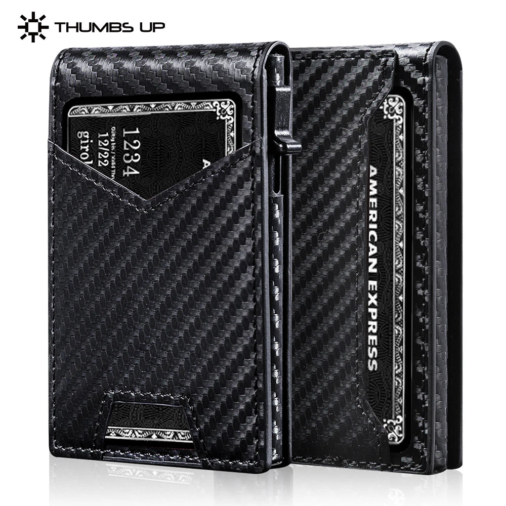 THUMBS-UP Carbon Fiber Leather Magnetic Bifold 8 Cards RFID Blocking ID Window Card Holder Pop up Aluminum Men Wallet
