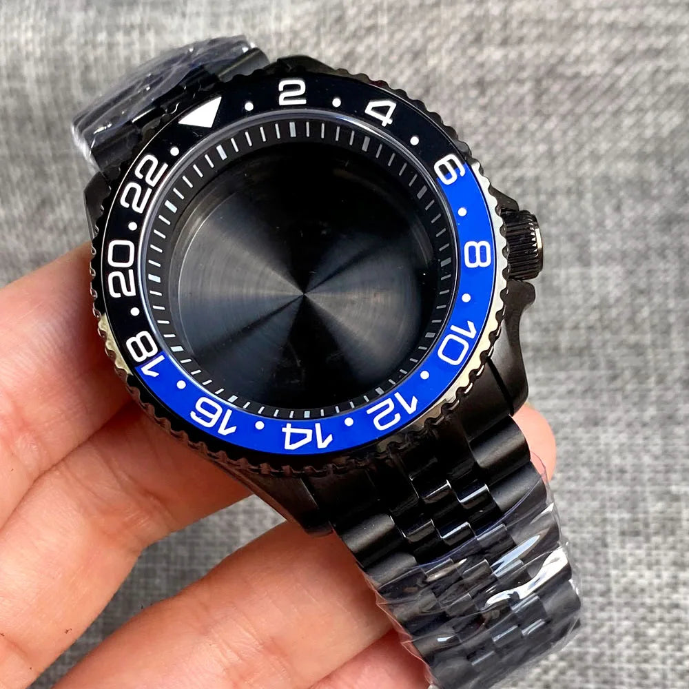 41mm Black Watch Case 3.8 Crown for NH34 NH35 NH36 NH37 NH38 NH70 NH72 Movement Black Chapter Ring Steel Bracelet Ceramic Insert