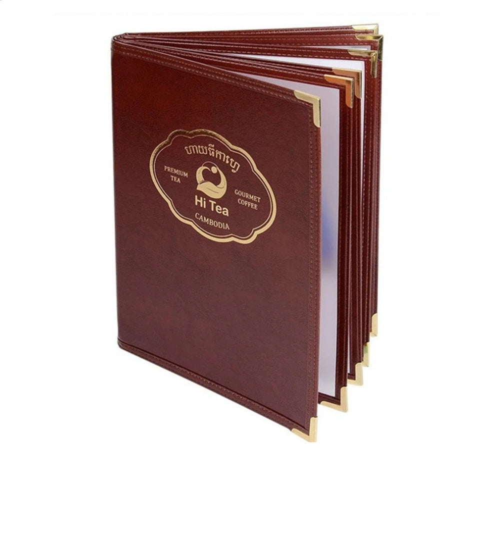 A4 PU Leather Restaurant Food Menu Holder Custom logo Leather Menu Cover with 4 Pages