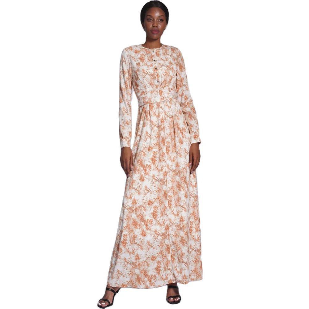 2024 Print Flower Soft Fabric Front Top Cuff Button Closure Cross Lace up Belt Floor Length Modest Abayas for Women Muslim