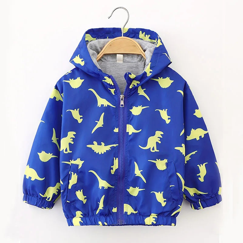High Quality Autumn Windbreaker Jacket for Boys Kids Clothing with Hooded Collar and Zipper Closure Animal Patterned