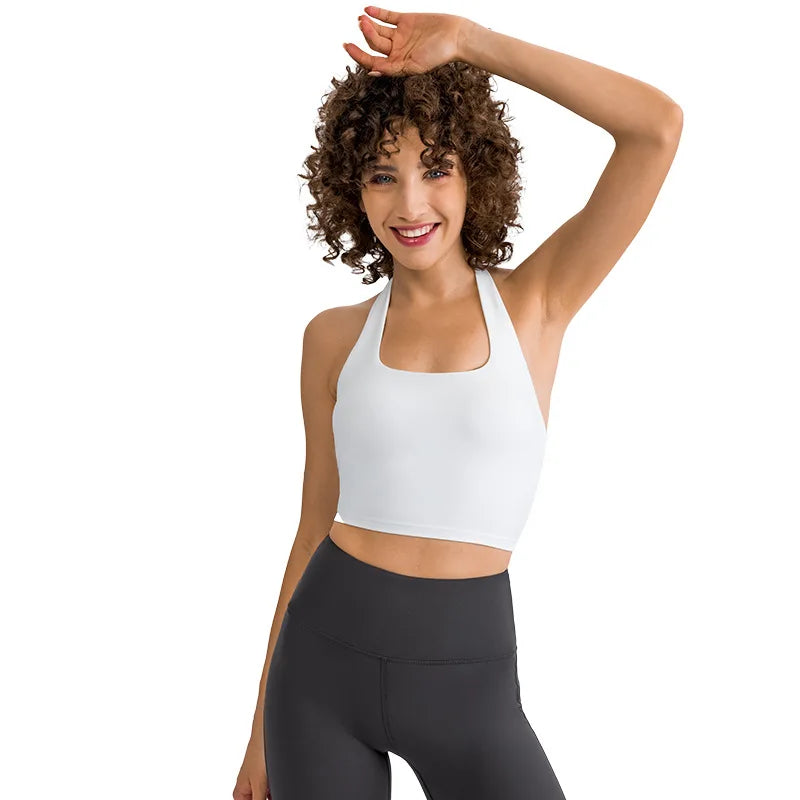 OEM Sportswear Custom Logo Fitness Padded Suspender Bra Fitness Gym Bra Top Women Sports Seamless Bra Hang Neck