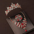 Three Piece Set of Red Diamond Crown Necklace and Earrings for Bride's Headwear