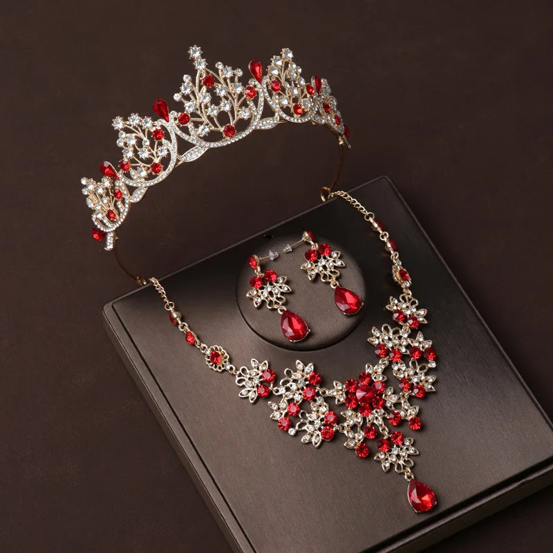 Three Piece Set of Red Diamond Crown Necklace and Earrings for Bride's Headwear