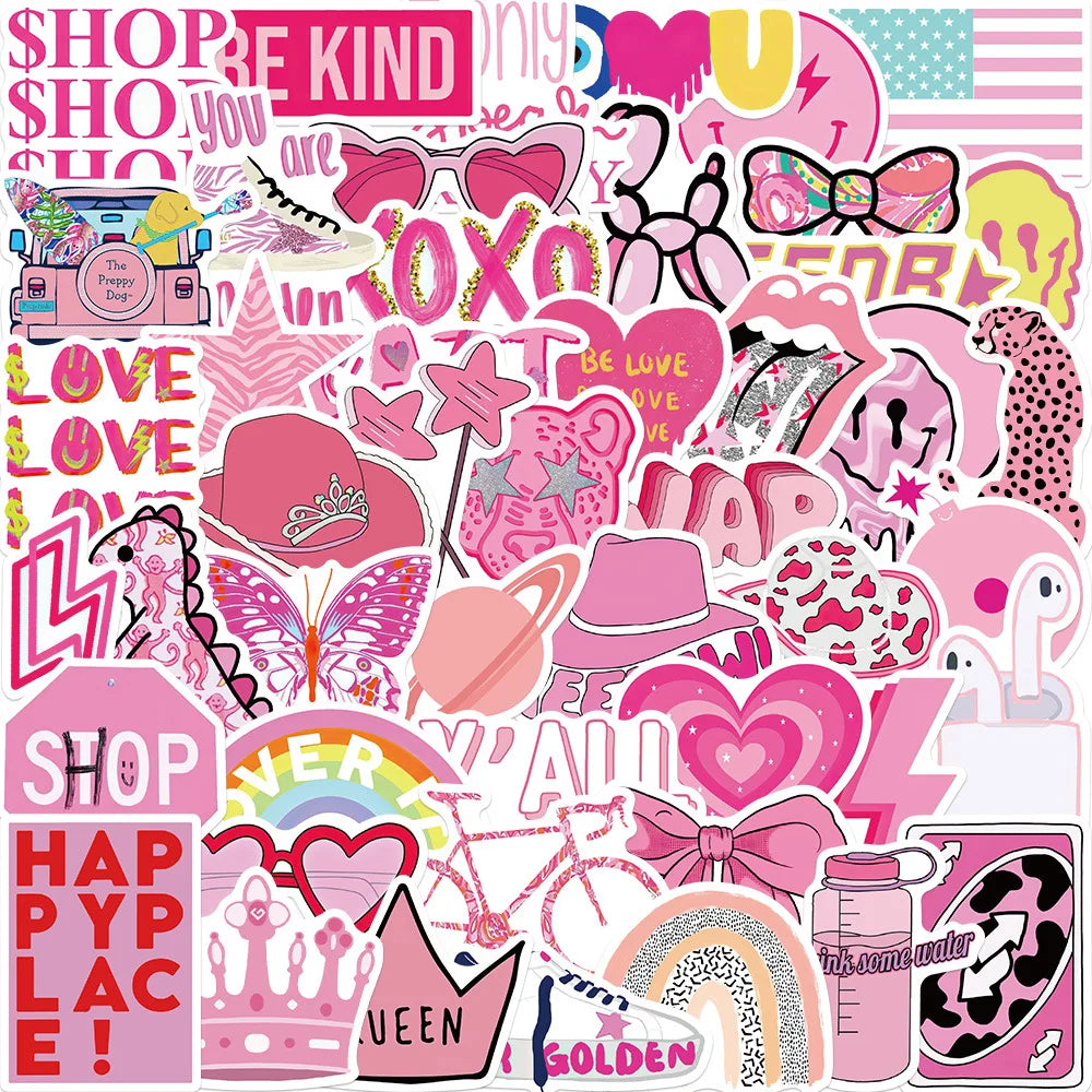 50Pcs Cartoon Kawaii Pink Graffiti Sticker for Girl Laptop Notebook Phone Bottle Cute Waterproof Label Pack