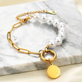 Summer Classic Stainless Steel Imitation Pearl Beaded Bracelet with Extra Chain for Women 18K Gold Plated Jewelry