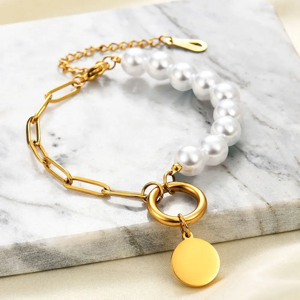 Summer Classic Stainless Steel Imitation Pearl Beaded Bracelet with Extra Chain for Women 18K Gold Plated Jewelry