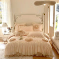 High-end 4pcs pink Satin Duvet Cover 100% Cotton Lace Pillowcase Bedding Set