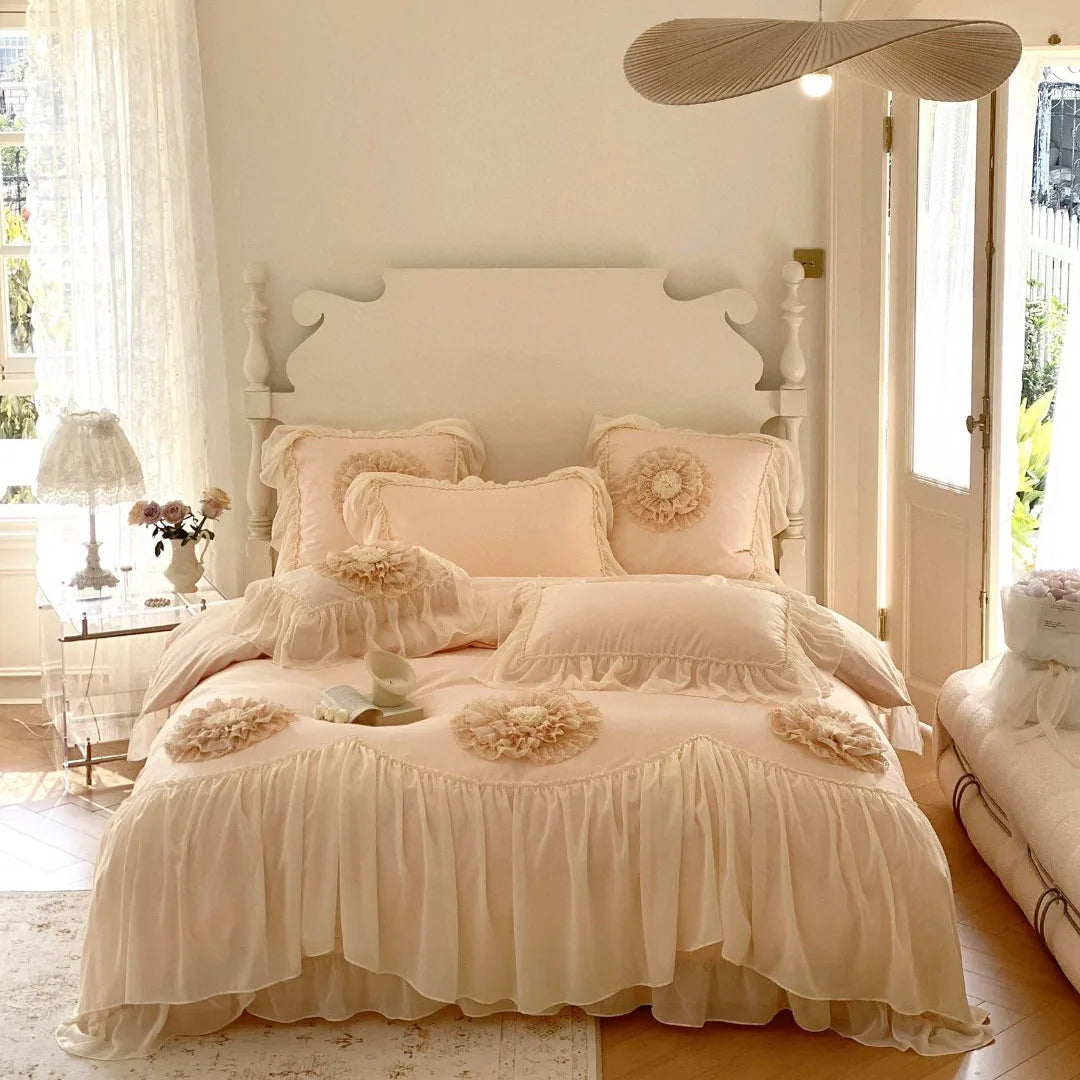 High-end 4pcs pink Satin Duvet Cover 100% Cotton Lace Pillowcase Bedding Set