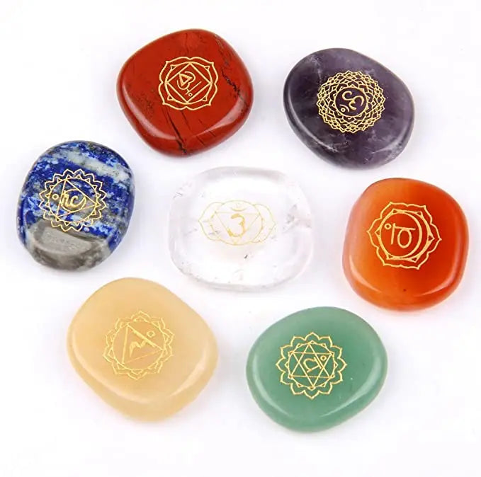Gems Chakra Stones-Reiki Healing Crystal with Engraved Chakra Symbols Holistic Balancing Polished Palm Stones Set of 7