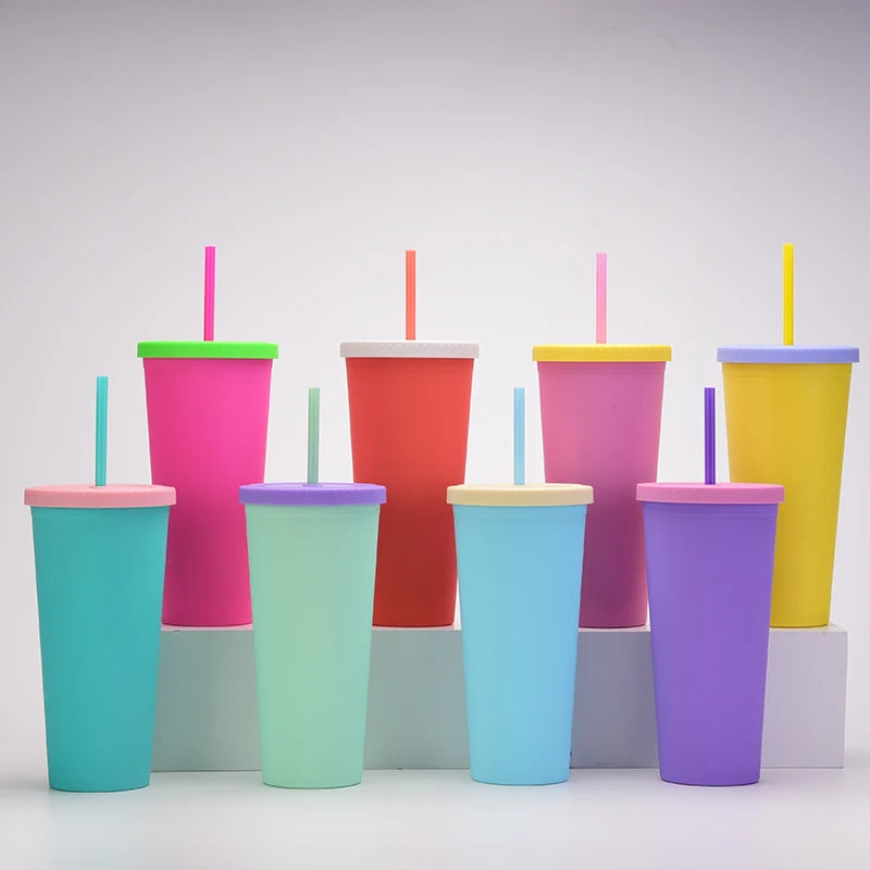 New Double-Wall Tritan Plastic Straw Cup - 24oz (709ml) | Mix-Match Matte Design BPA-Free Leak-Proof & FDA-Approved