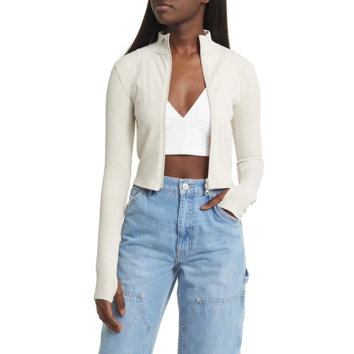 Rib Mock Neck Zip-Up Jacket Body Fit Relaxed Long Sleeve Cropped Jacket Outwear Sweat Wear Sporty Solid Color