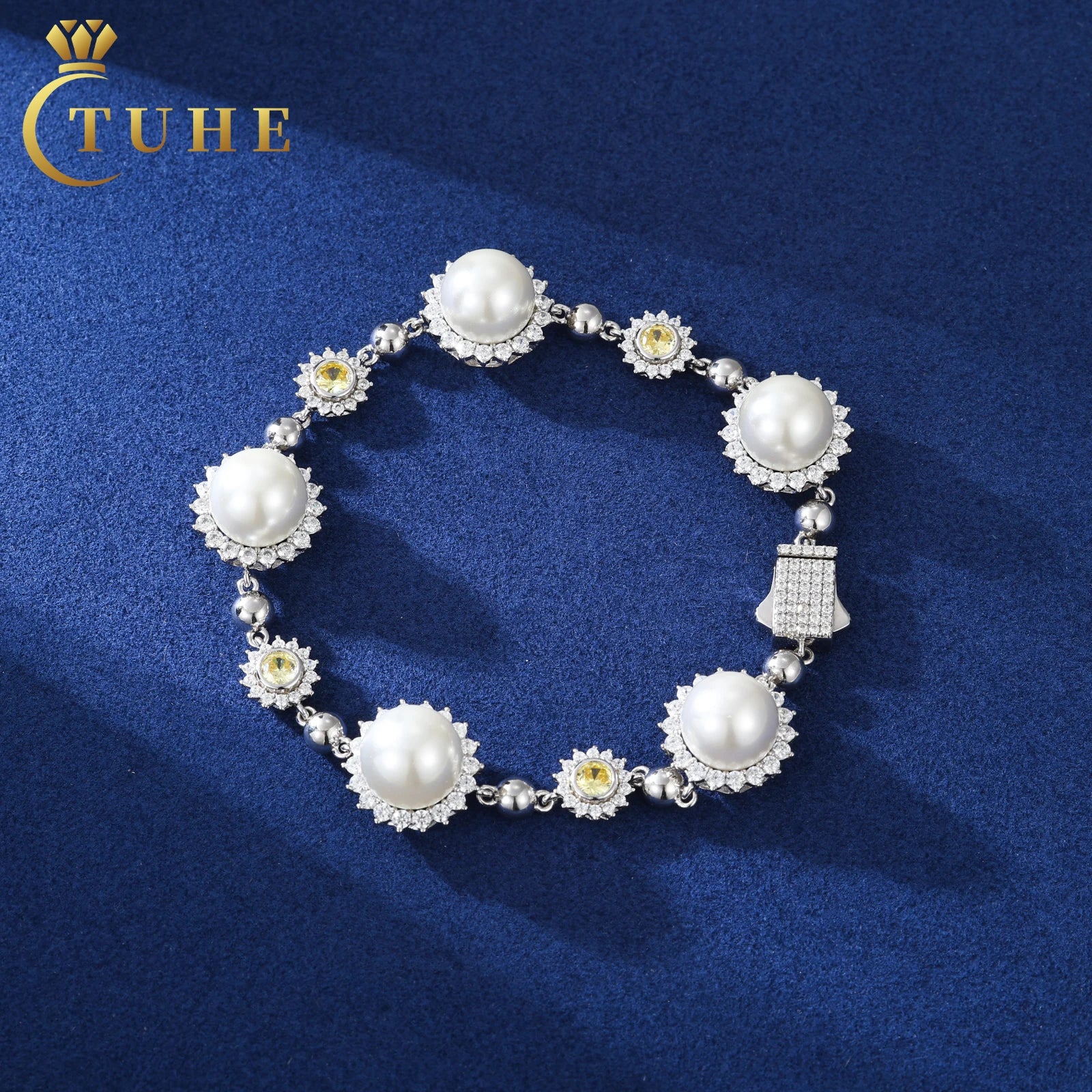Luxury Women Jewelry 15mm White Gold 925 Sterling Silver VVS Moissanite Diamond Cluster Pearl Bracelet for Gift