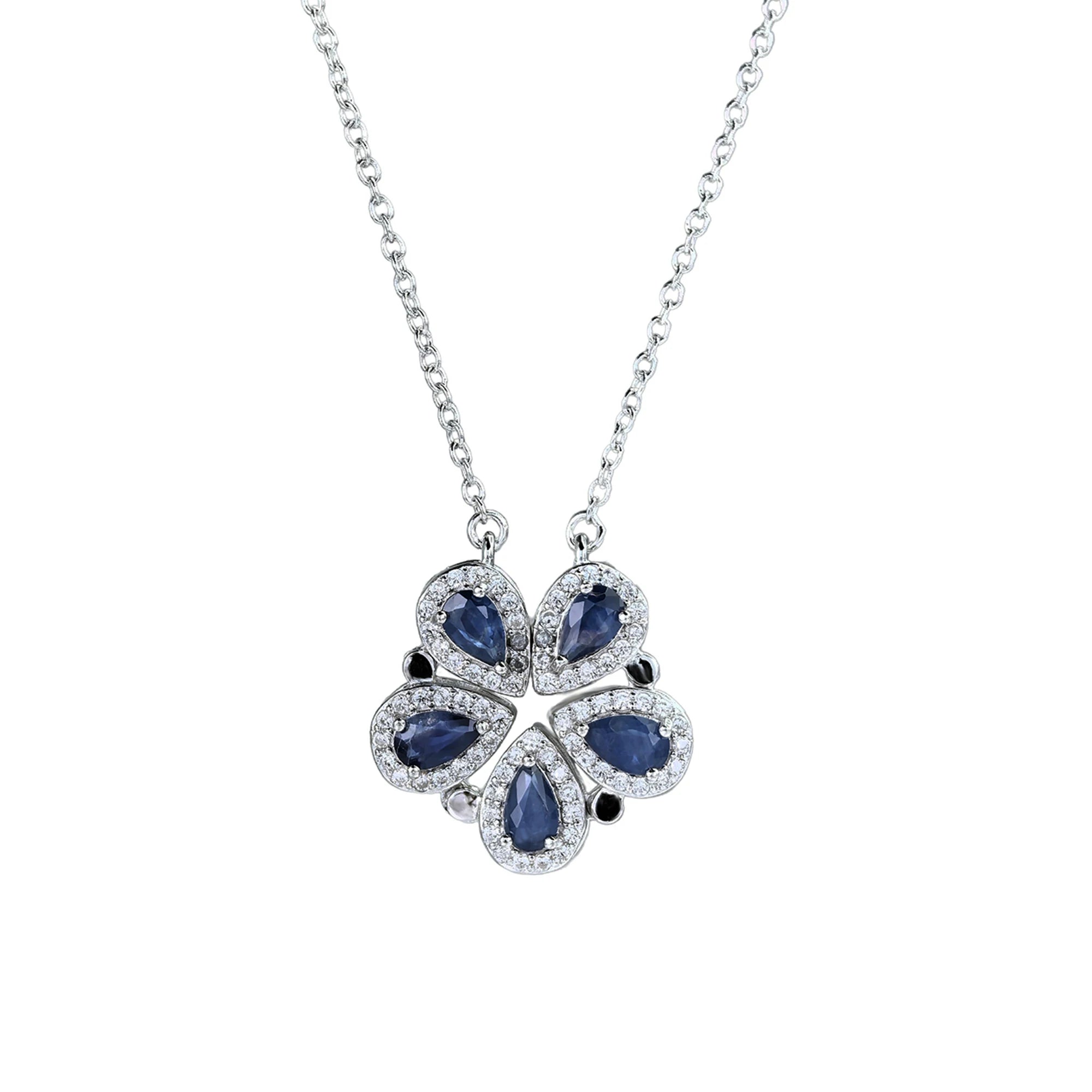 Delicate Rhodium Plated 925 Silver Jewelry Natural Sapphire Five  Leaf Clover Necklace for Women Birthday Gift