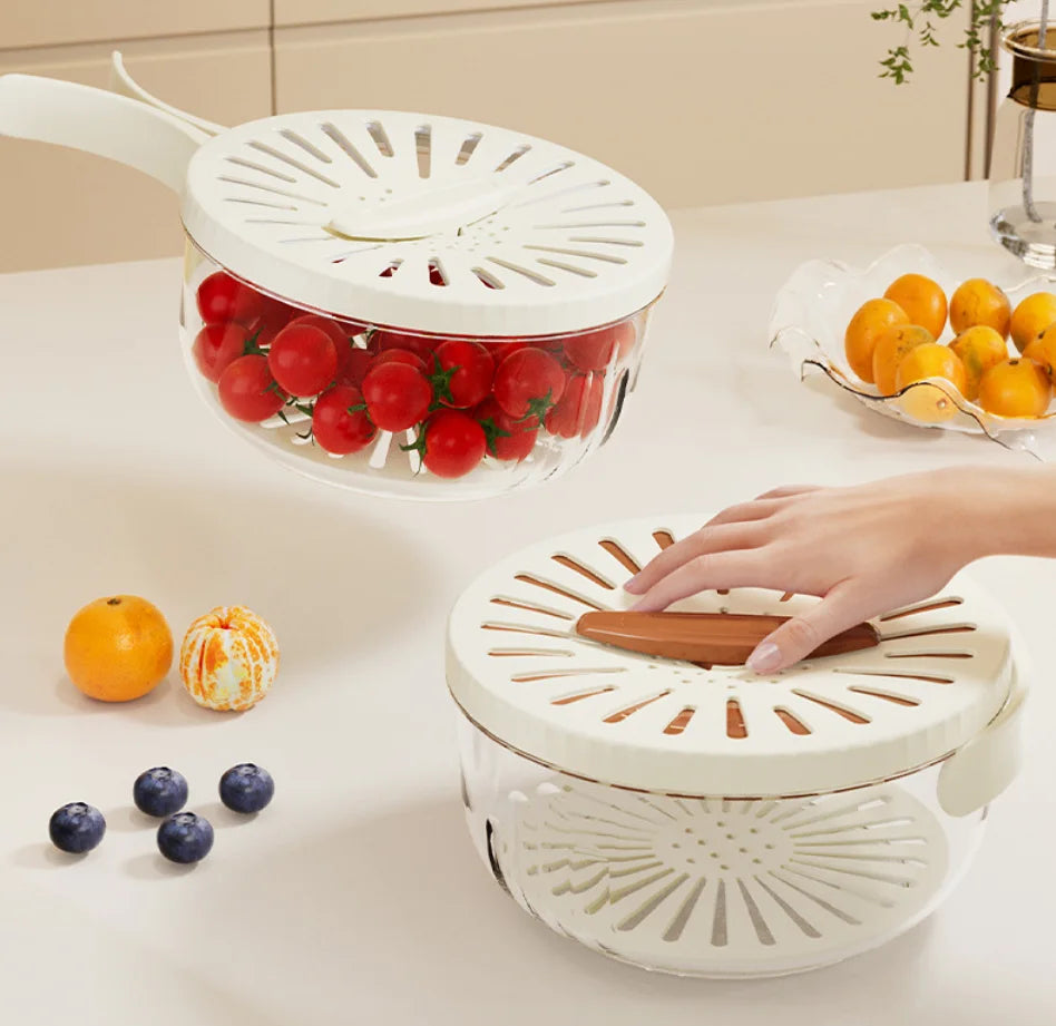 Easy to Use Folding Double-Layer Vegetable Fruit Plastic Washing Strainer Bowl with Lid Drainer Bowl Drain Basket for Kitchen