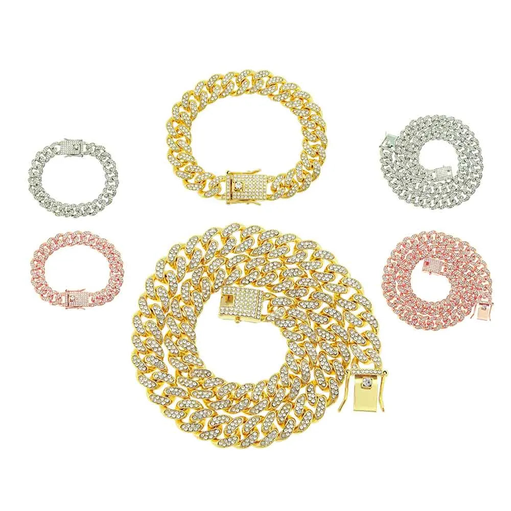 Mens Hip Hop Jewelry 7" to 30" Pink Silver Gold 13mm Cuban Chain Necklace and Bracelet Iced Out Miami Diamond Cuban Link Chain