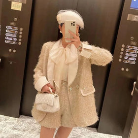 Autumn/Winter New Mid Length Sequin Pocket Thickened Suit Coat High Waist Shorts Elegant Women's Set