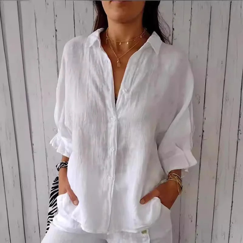 Spring Summer Elegant Women's Loose Plus Size Blouses and Shirts Back Lace up Linen White Shirt