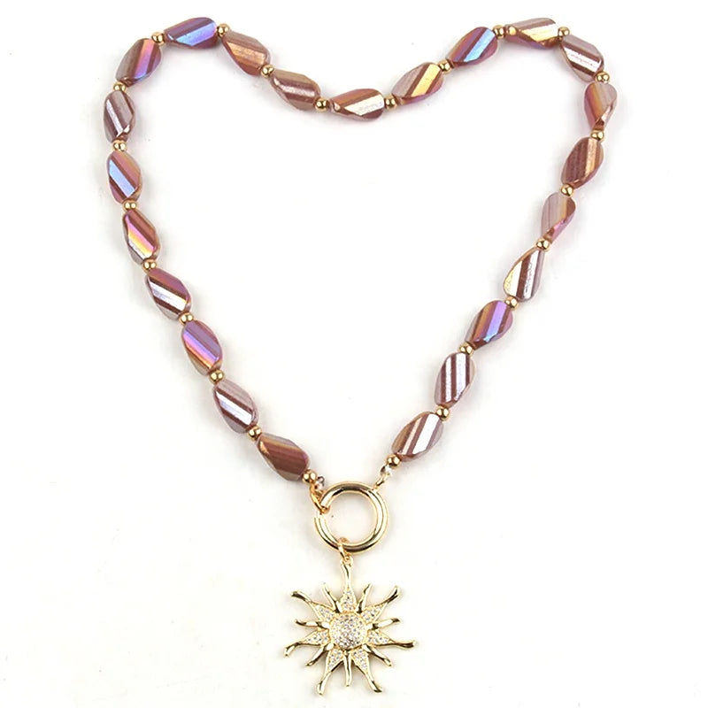 Fashion Unisex Jewelry Colorful Drop Crystal Glass Beads Gold Plated Sun Star Cross Cubic Zircon Pendant Choker Necklace