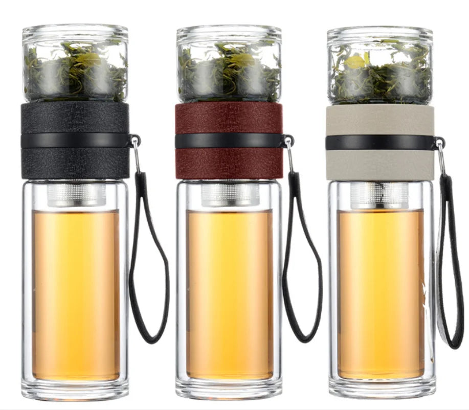 13oz Borosilicate Double Wall Glass Water Bottle Leak-Proof 400ml Capacity with Tea Infuser Separating Tea and Water