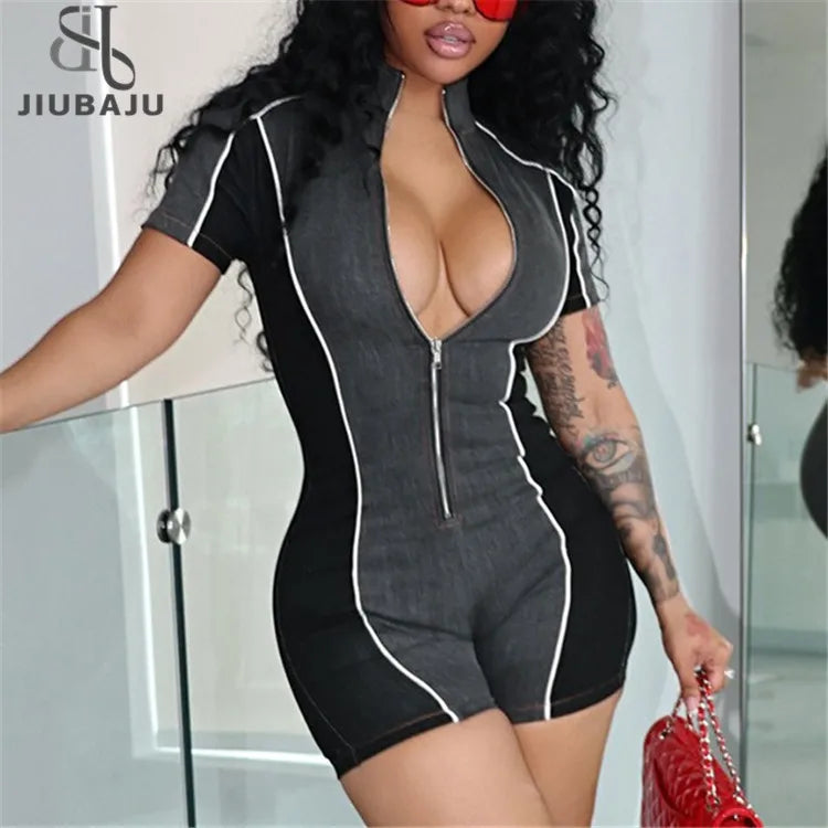 Spring Summer New 2025 Fashion Color Block Bodycon Rompers Women Zipper Denim Patchwork Jumpsuits Female Streetwear Overalls