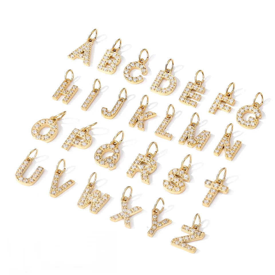 Chihang Stainless Steel 14K Gold Plated High Polish 8*6mm Zircon Letter Alphabet Initial Charm DIY Pendant Accessories Jewelry